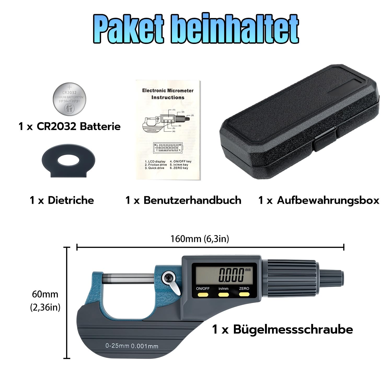 Digitales Mikrometer 0-25mm Mikrometerschraube Digital mit LCD-Display, Bügelmessschraube Elektronisch, 0.001mm Hohe Präzision, mm/Zoll für Werkstatt & Heimwerker