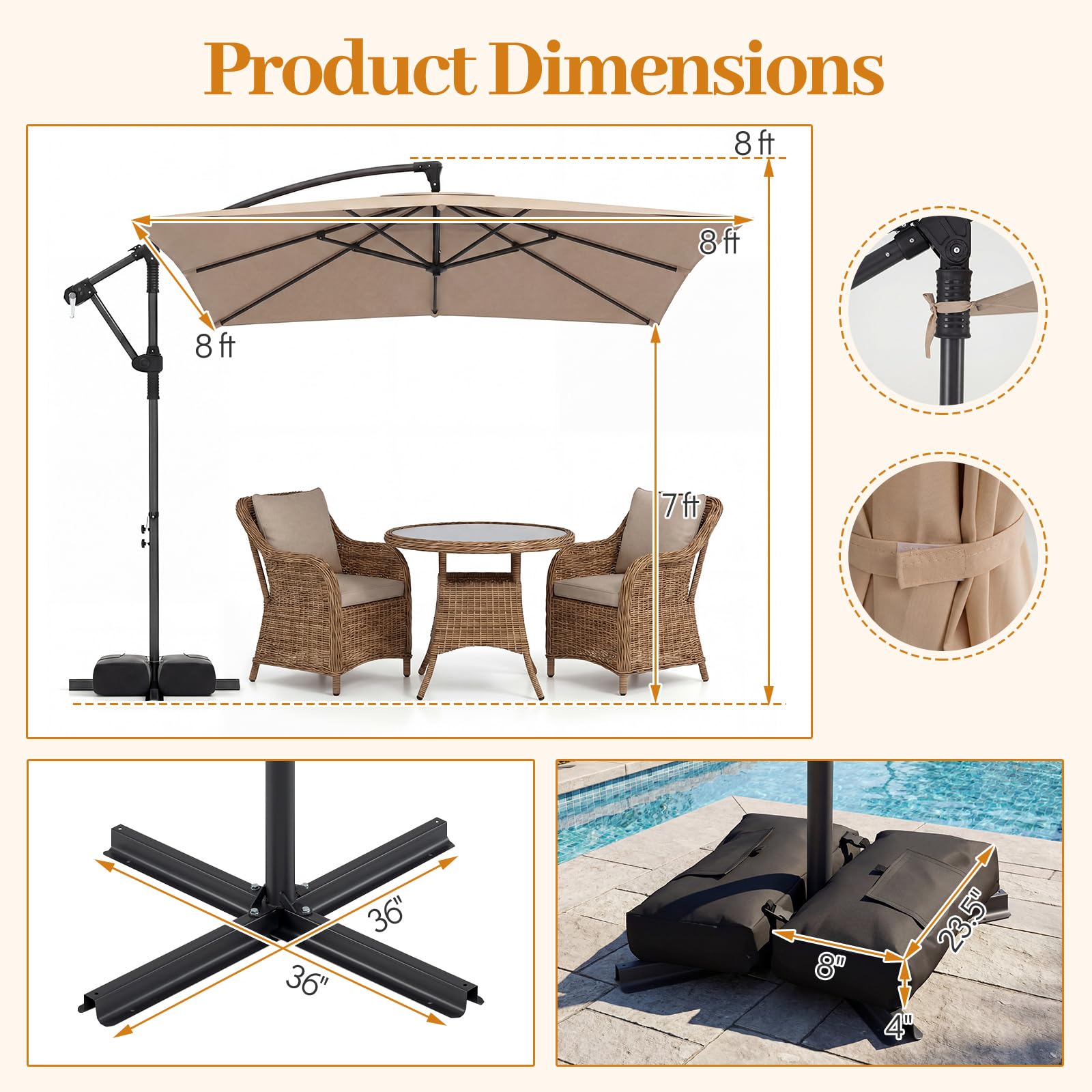 Tangkula 8x8 FT Patio Umbrella with Base Included, Square Offset Cantilever Outdoor Umbrella with 360 Degree Rotation, Crank Handle, Sandbags, 8 Ribs for Pool Deck Garden Backyard : Patio, Lawn & Garden