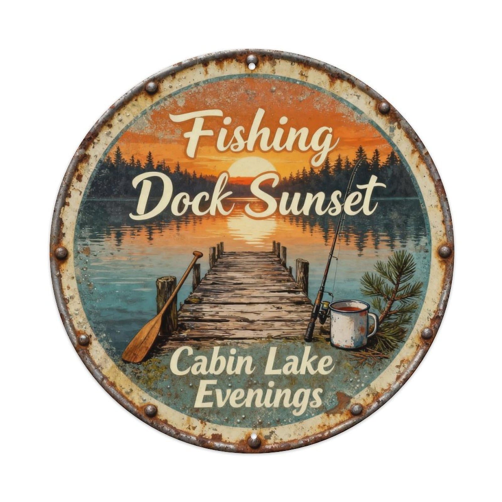 Fishing Dock Sunset Metal Tin Sign Plaque
