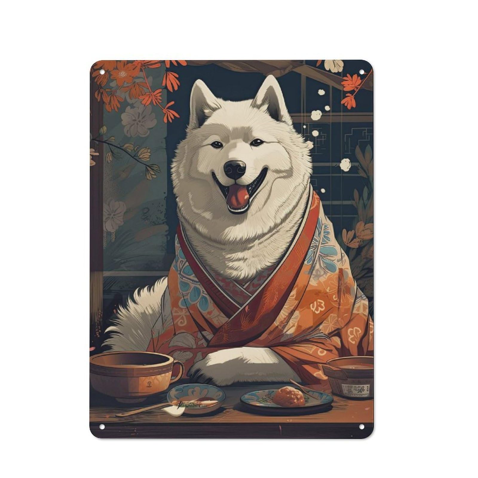 Junmoney Style-10 Loft Style Metal Wall Sign 40X30cm Featuring Samoyed Japanese Food, Studio Wall Art For Loft, Studio, Office Or Creative Room