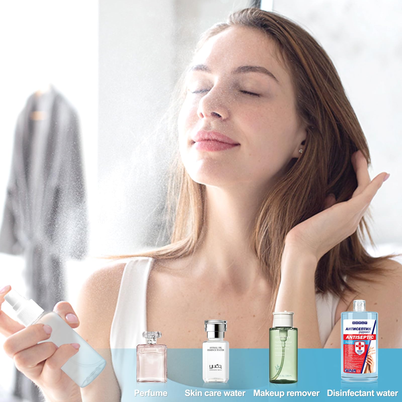 Redamancy 4szt. mini butelki do podróży z rozpylaczem, 50 ml pojemności, buteleczki do wielokrotnego napełniania do kosmetyków, perfum