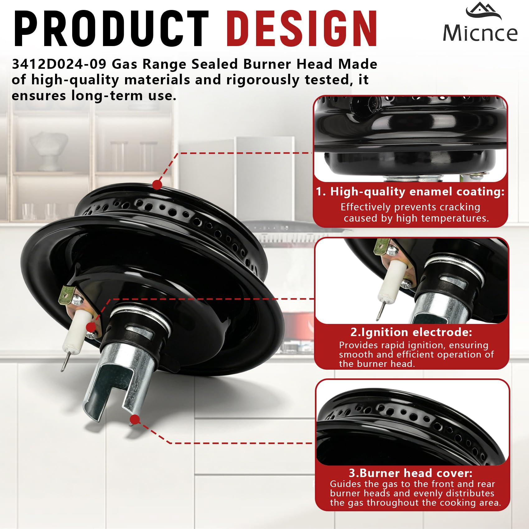 2025 - Cabezal de quemador sellado y pieza de repuesto para quemador de gas 3412D024-09, adecuado para la serie Magic Chef y Maytag, sustituyendo 74003963, 12500050, WP3412D024-09, 3412D018-09