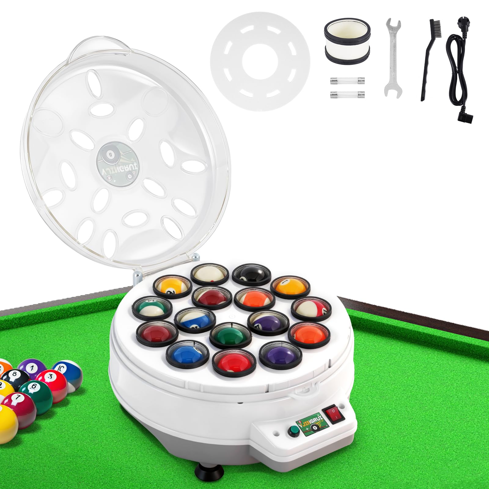 YJINGRUI Automatischer Billardkugel Reiniger,16 Balls Poolball-Reiniger-Poliermaschine, Billardkugel Reinigungsmaschine, mit Schraubenschlüssel und Bürste für 57,2 mm Billardkugeln
