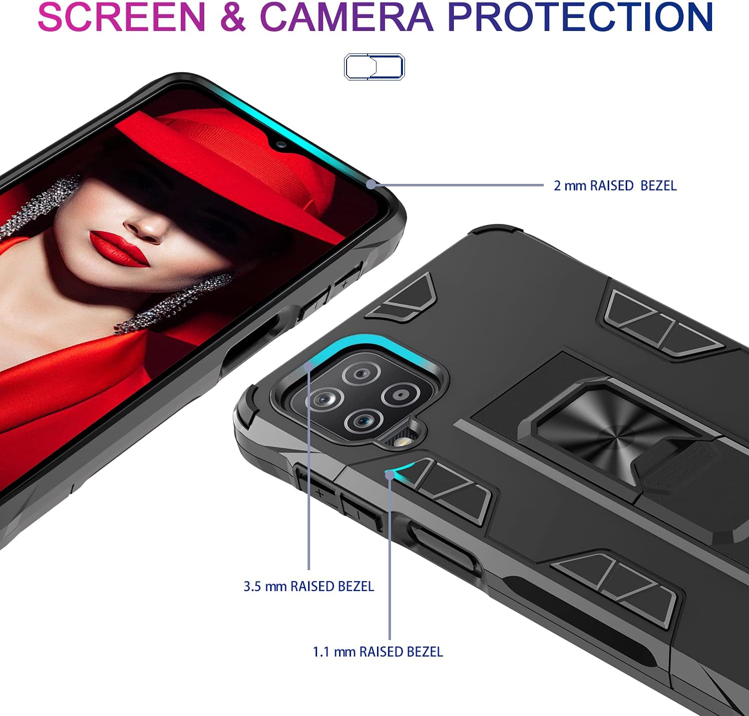 LeYi Galaxy A12 Phone Case, Galaxy A12 Case with 2 Tempered Glass Screen Protector for Women Men, Military-Grade Shockproof Built-in Kickstand Car Mount Protective Phone Case for A12 5G, Black