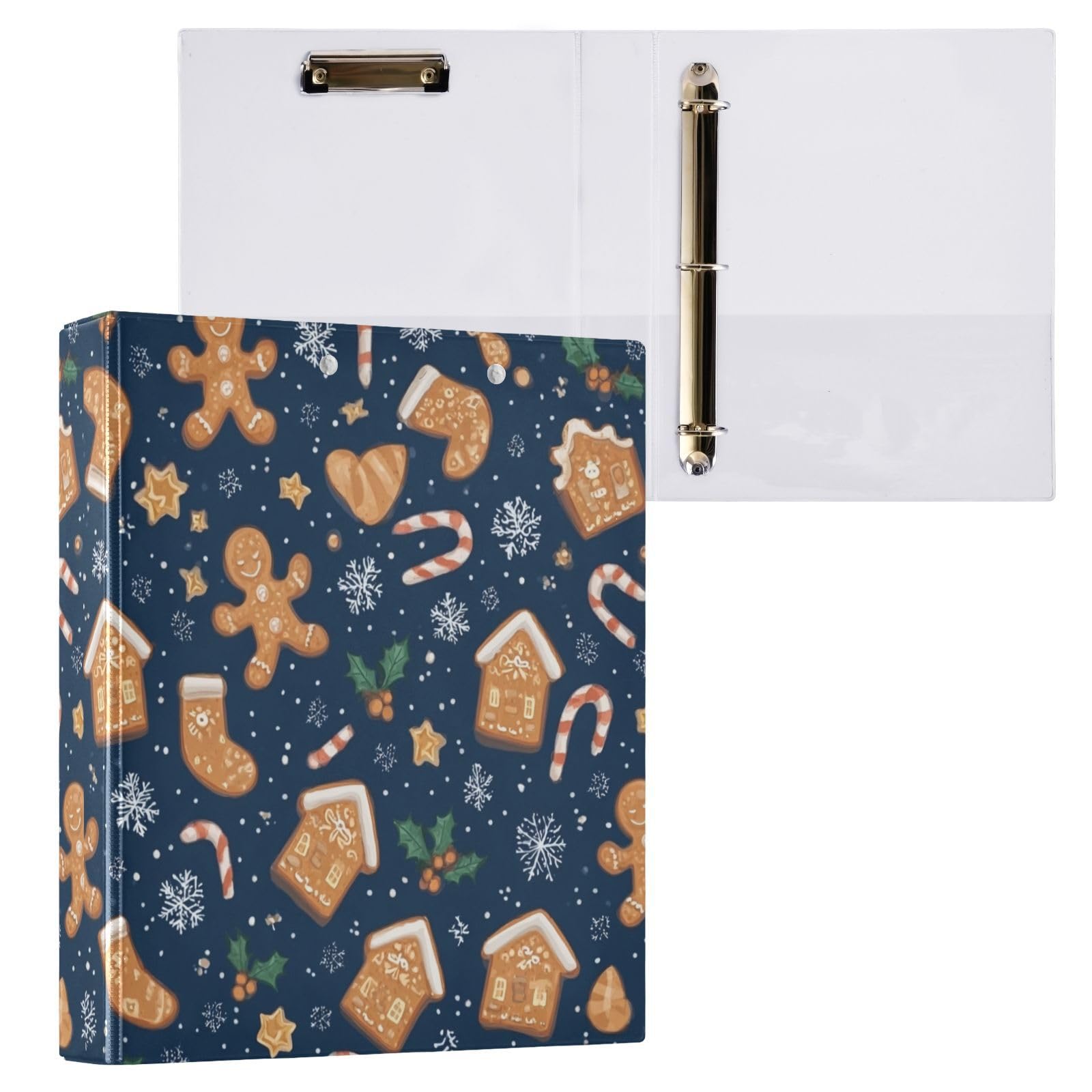 Kcldeci Raccoglitore a 3 anelli con copertina rigida, per carta formato lettera, biscotti di pan di zenzero, fiocchi di neve, anelli rotondi da 3,8 cm, organizer per scuola/ufficio, confezione da 2
