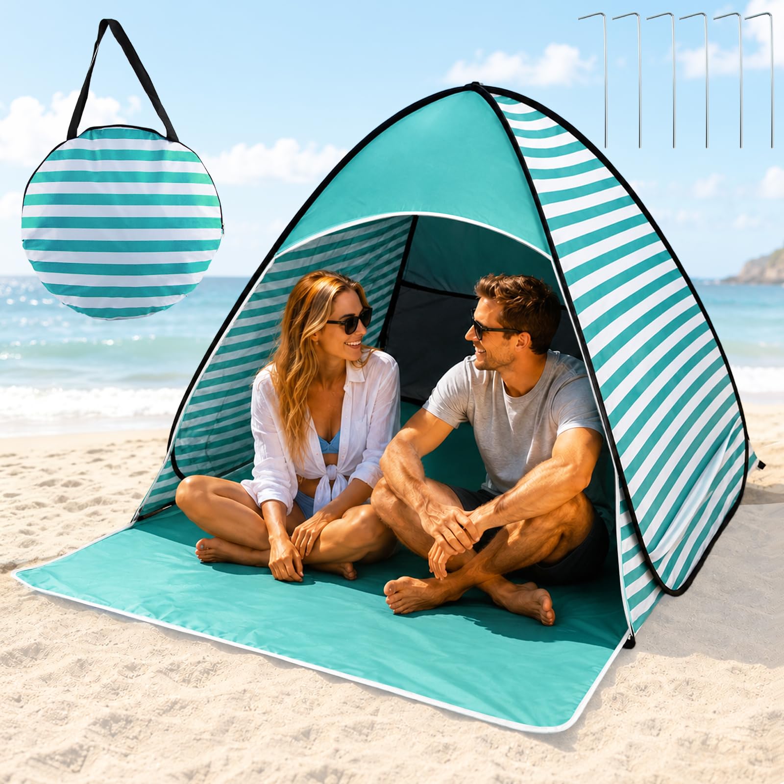 Tenda da Campeggio e Spiaggia Pop-up, Tenda da Spiaggia Portatile, Protezione UV 50+, per 2-3 Persone, con Picchetti, Ideale per Campeggio in Famiglia, Picnic e Spiaggia