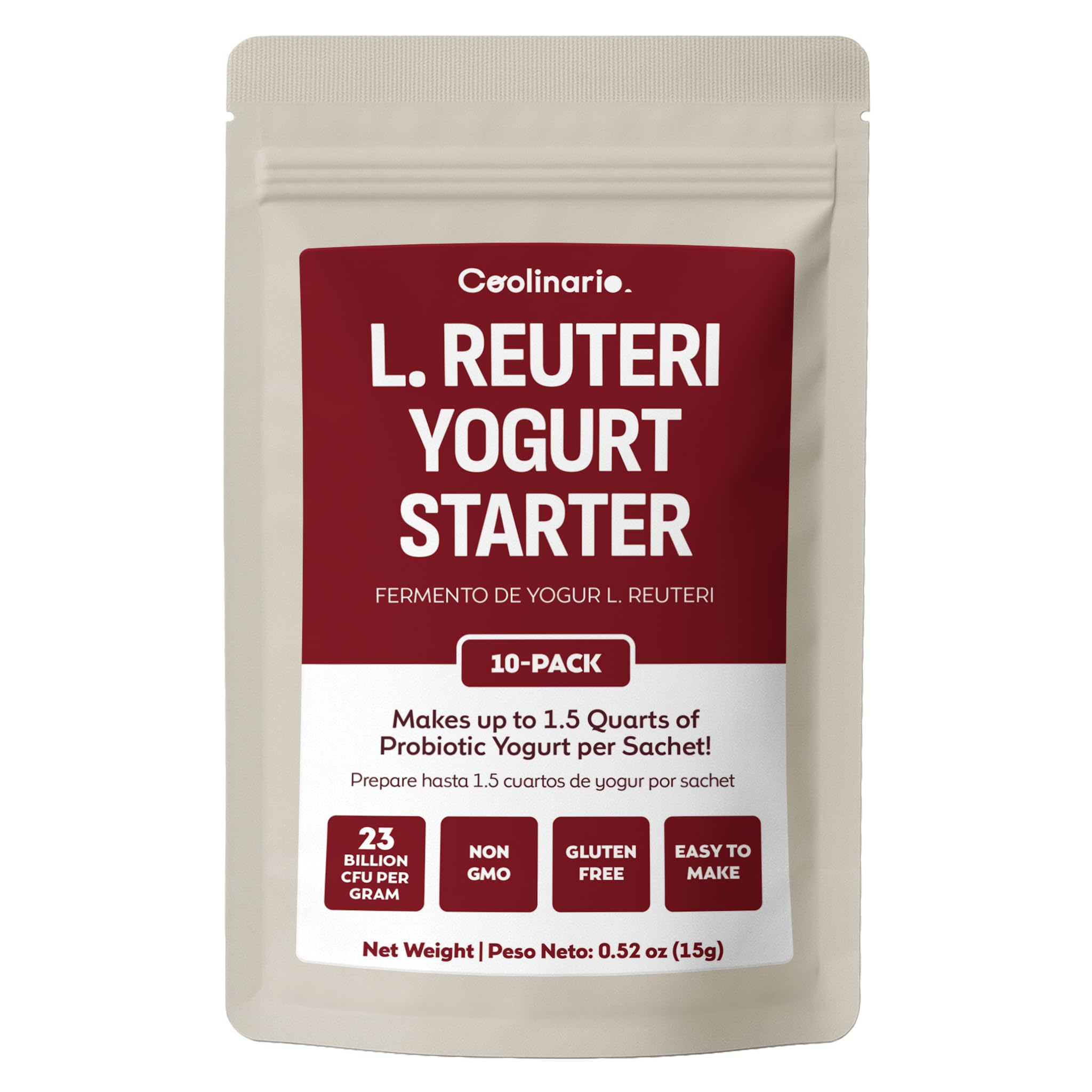 Coolinario L Reuteri Yogurt Starter (10-Pack, 1g Sachets) Yogurt Starter Culture with Lactobacillus Reuteri Probiotics | Creamy & Delicious | Non-GMO, No Preservatives, Gluten Free, Halal, Kosher