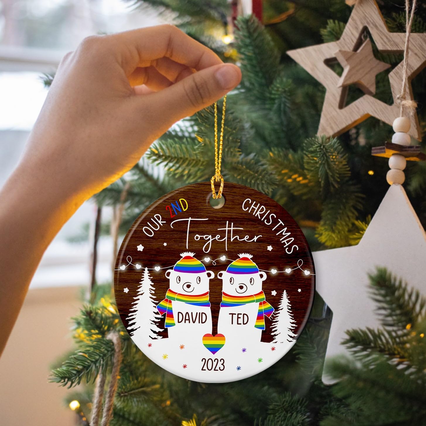 Personalized Couple Polar Bear Gay Pride LGBT Ornament Christmas 2025, Our Second Christmas Together Ceramic Ornaments, Custom Names Polar Bear Couple LGBT Ornament for Anniversary, Xmas Tree Decor