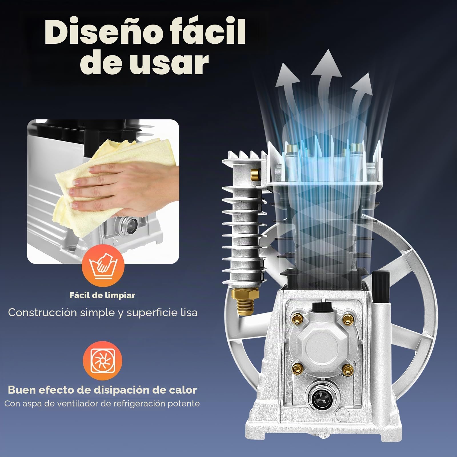 2HP 200L/min Cabezal de Bomba de Compresor de Aire con 0.8-1 MPa de presión | Compresor de aire de pistón de bomba de 1500W engrasado con aceite de dos cilindros,para uso en automoción e industrial
