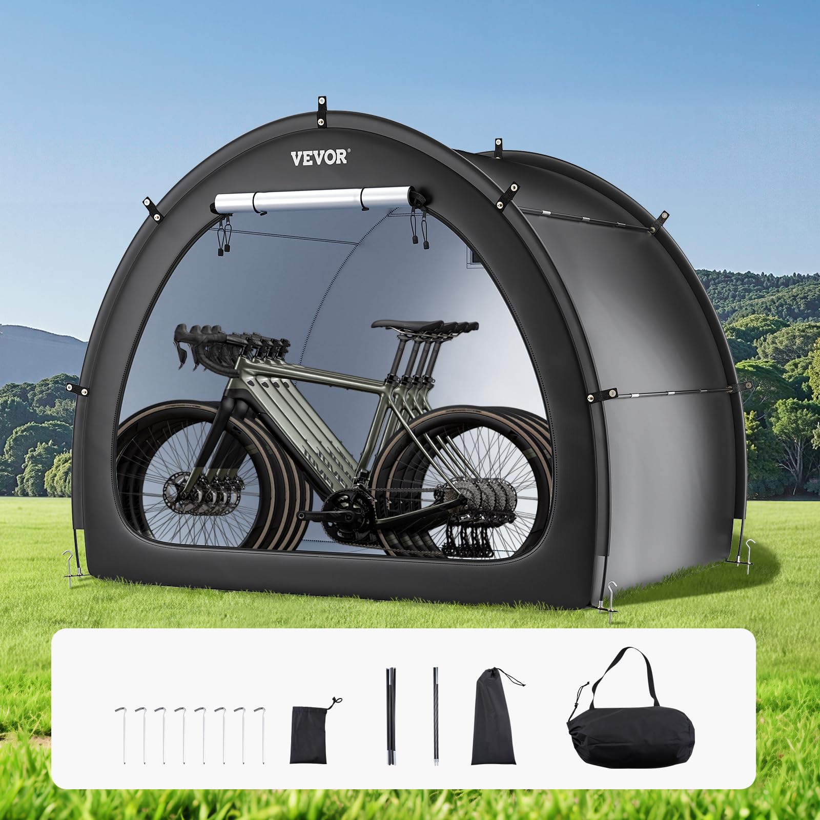 VEVOR Fahrradzelt, 4 bis 5 Fahrräder, geräumige Fahhrradgarage mit belüftetem Fenster, fächerförmige Fahrradschuppe mit hochfestem Fiberglas & Doppelreißverschlüssen, 2190x1550x1730 mm