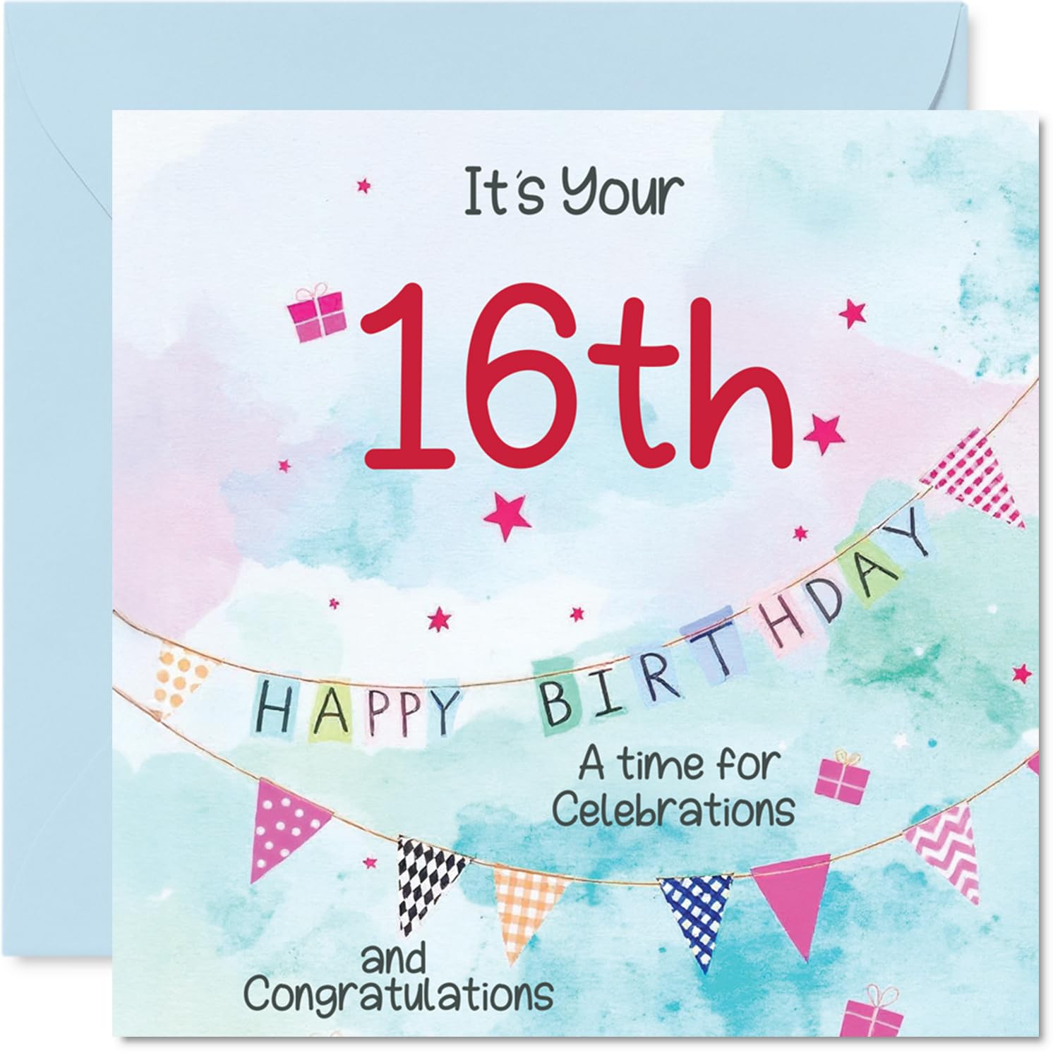 16th Birthday Cards for Boys - Party Bunting - Happy Birthday Card for 16 Year Old Boy Godson Step Son Son Brother, 145mm Bday Greeting Cards