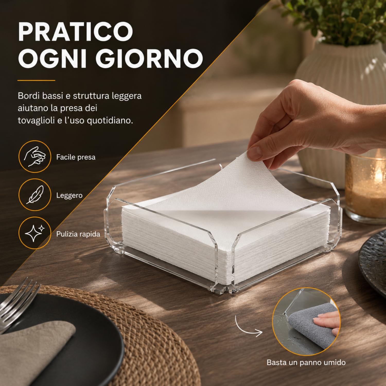 Agplex Portatovaglioli in vetro acrilico trasparente 20,5x 20,5 x5,8 cm, Porta tovaglioli da tavola design moderno - Made in Italy
