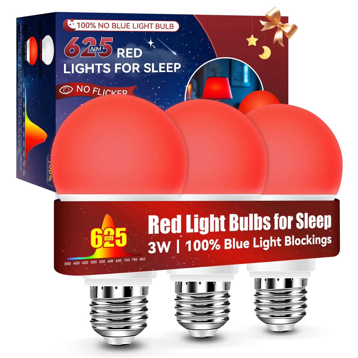 Neporal 625nm Red Light Bulbs for Sleep 3W, 100% Blue Light Blocking Light Bulbs for Melatonin Promoting, A19 LED 40W Equivalent Soft Red Night Light Bulb for Baby Nursery, Sleeping, Reading, 3-Pack