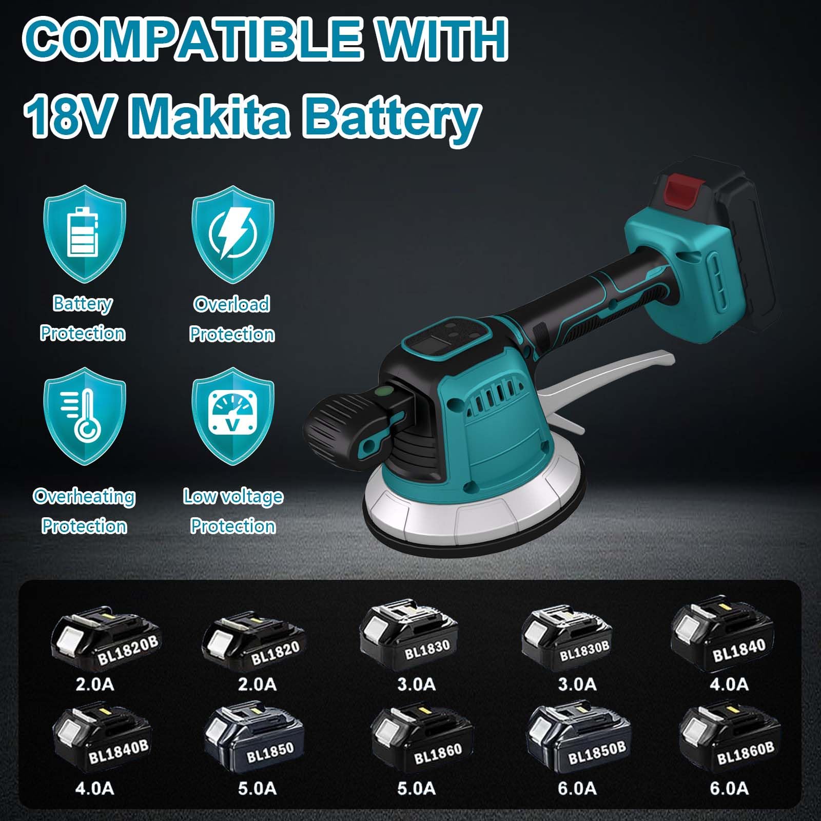 Akku Fliesenrüttler, Elektrische Fliesenvibrator Kompatibel mit Makita 18V Akku, Fliesenleger Maschine mit 10 Gänge Einstellbar,14,5cm Saugnapf, Automatische Nivellierung, 200KG Adsorption,Ohne Akku