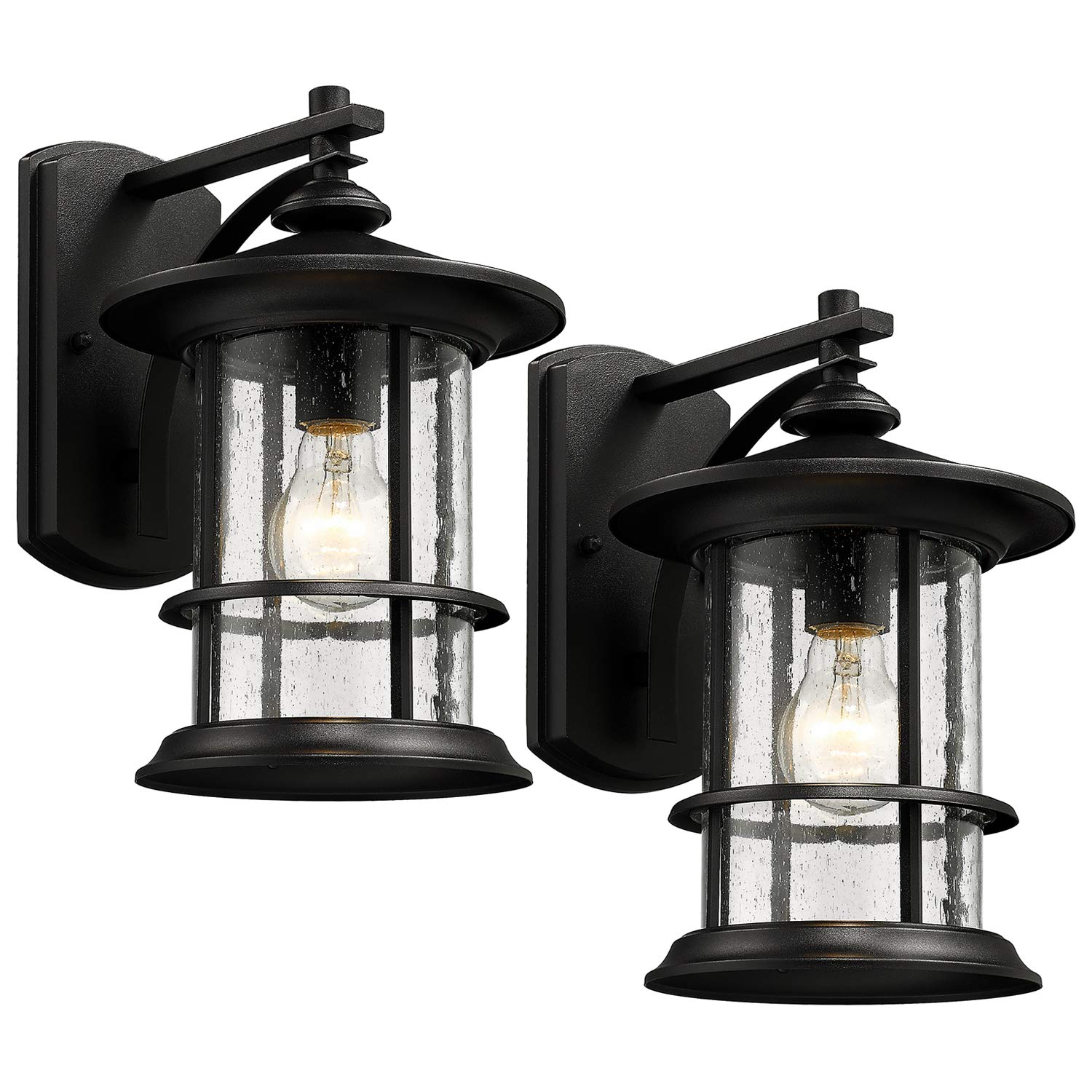 MICSIU Black Outdoor Wall Light 2-Pack, Clear Seedy Glass Large Exterior Porch Wall Lantern, H12.5 Inch Exterior Lights for House, Front Porch, Patio, Backyard.