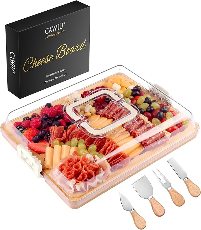 Portable Travel Charcuterie Board with Lid and Handle - Large Bamboo Cheese Board with 4 Cheese Knife Set for Outdoor, Picnics - Weddings, House Warming Gift for Women (1 Compartment, White)
