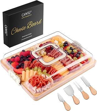 CAWIU Portable Charcuterie Board with Lid, Travel Cheese Board & Snack Tray | Serving Board with 4 Cheese Tools for Kitchen, Picnics Party, Weddings, Housewarming Gift 6 Compartment, White