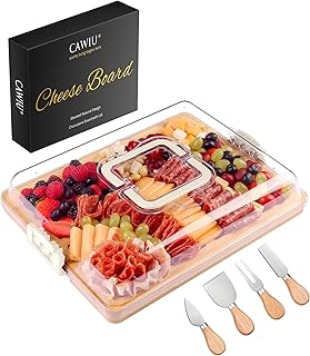 CAWIU Charcuterie Board with Lid and Handle - Portable Travel Design Bamboo Cheese Board Set with 4 Cheese Tools, Gift for Housewarming, Weddings, Picnics(6 Compartments, White)