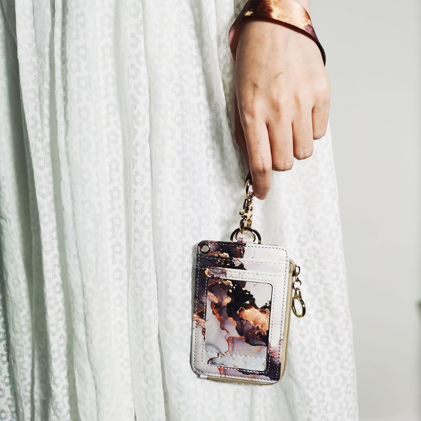 Marble Badge Holder with Zipper, Lanyard Wallet for Women,PU Leather ID Badge Holder with 1 Clear ID Window - Image 3