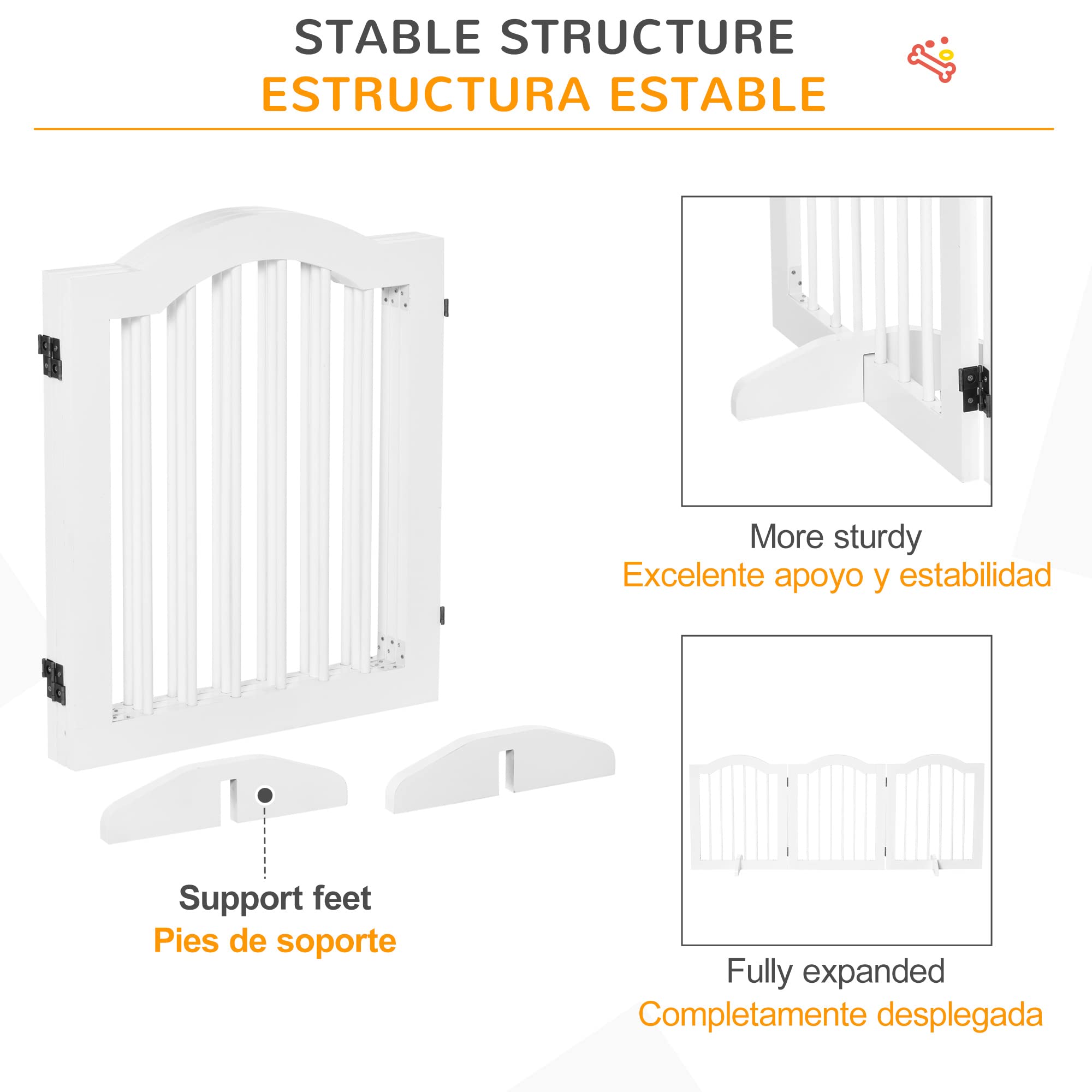 PawHut Barrera de Seguridad para Perros Pequeños Plegable 154,5x61 cm Barrera para Perros en Casa de 3 Paneles con Patas Anchos para Escaleras Pasillos Blanco