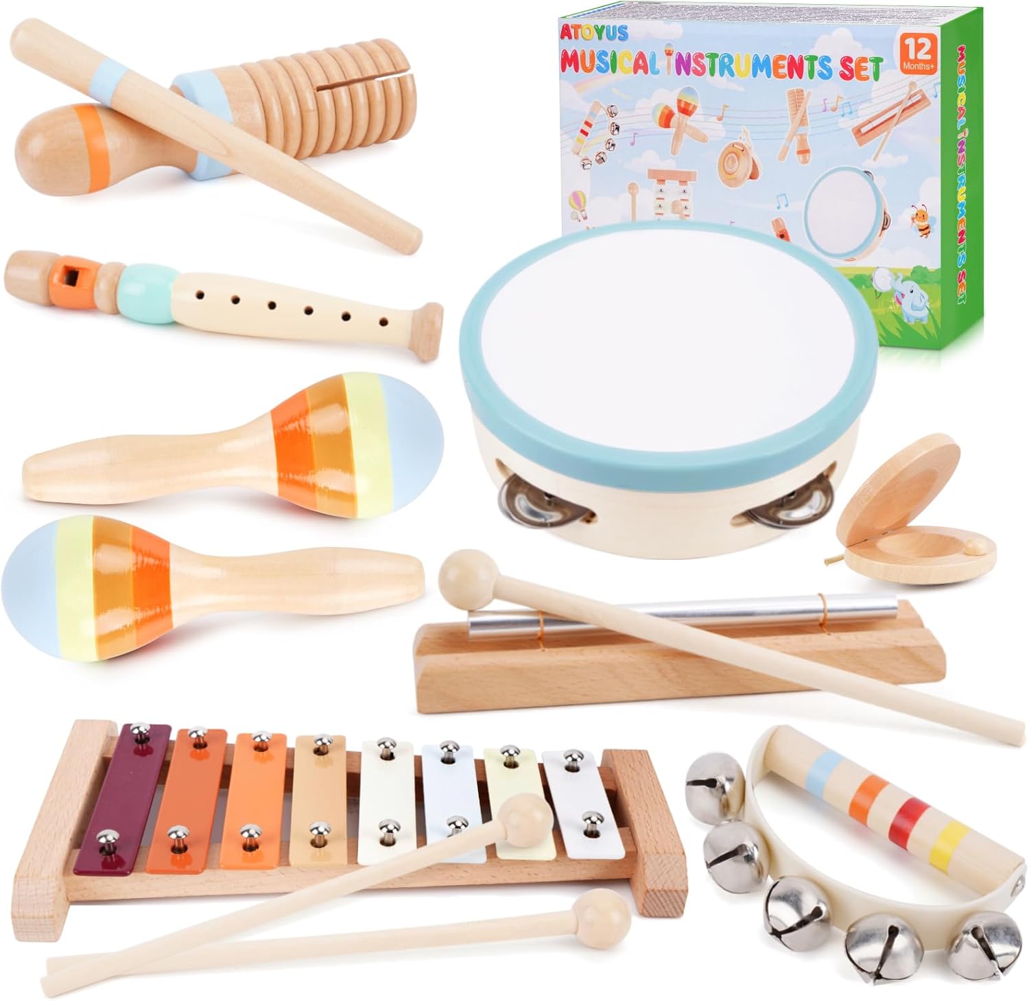 Wooden Musical Instruments for Toddlers 1-3 - Montessori Educational Toys for 1 2 3 Year Old Baby Kids with Xylophone One 1st 2st Christmas Birthday Gifts for Girls Boys