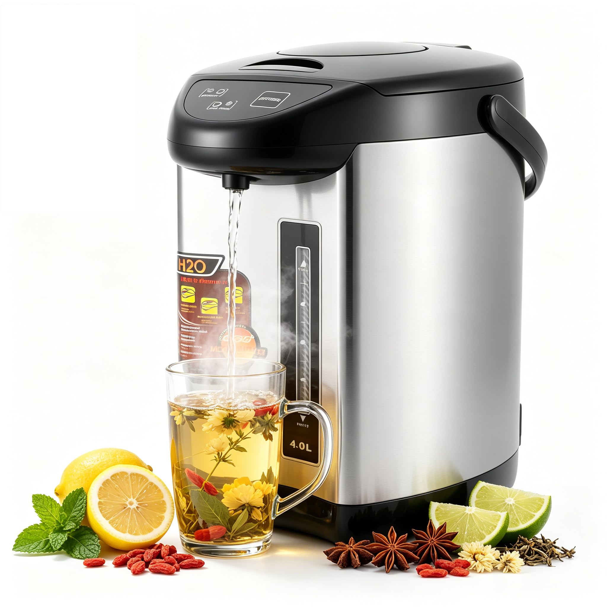 Heißwasserspender 4 Liter, Edelstahl 304 Thermopot mit Sichtfenster für Wasserstand, 3 Entnahme-Methoden & Temperaturhaltung, 92-95°C, 750W 220V Glühweinkocher für Büros, Hotels, Wohnungen