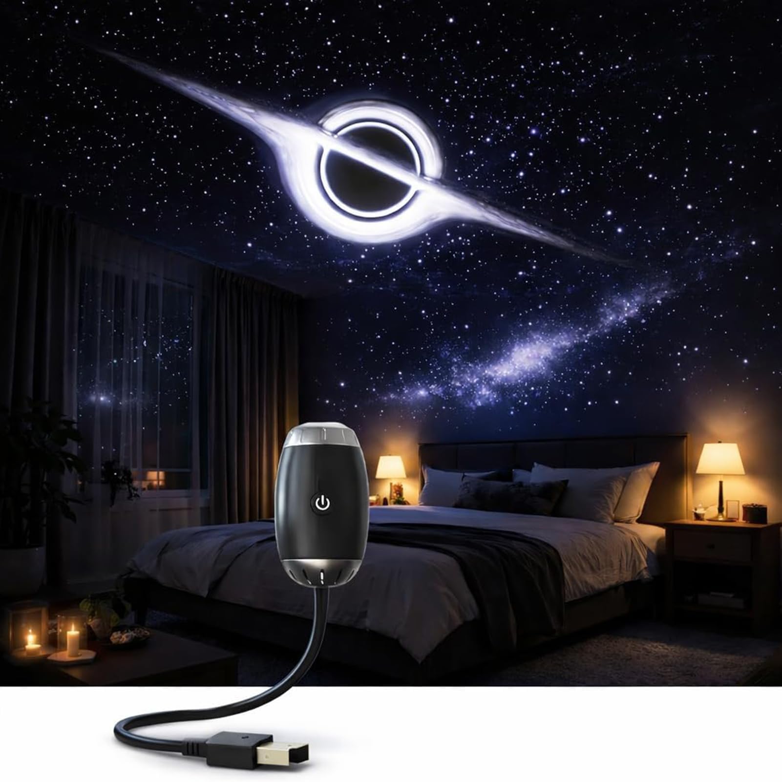 Proyector de Cielo Estrellado USB, Lámpara Galaxy para Coche | Diseño de Cuello de Cisne Flexible 360°, Anillo de Enfoque y Proyección Gran Angular, Plug & Play(Black hole)