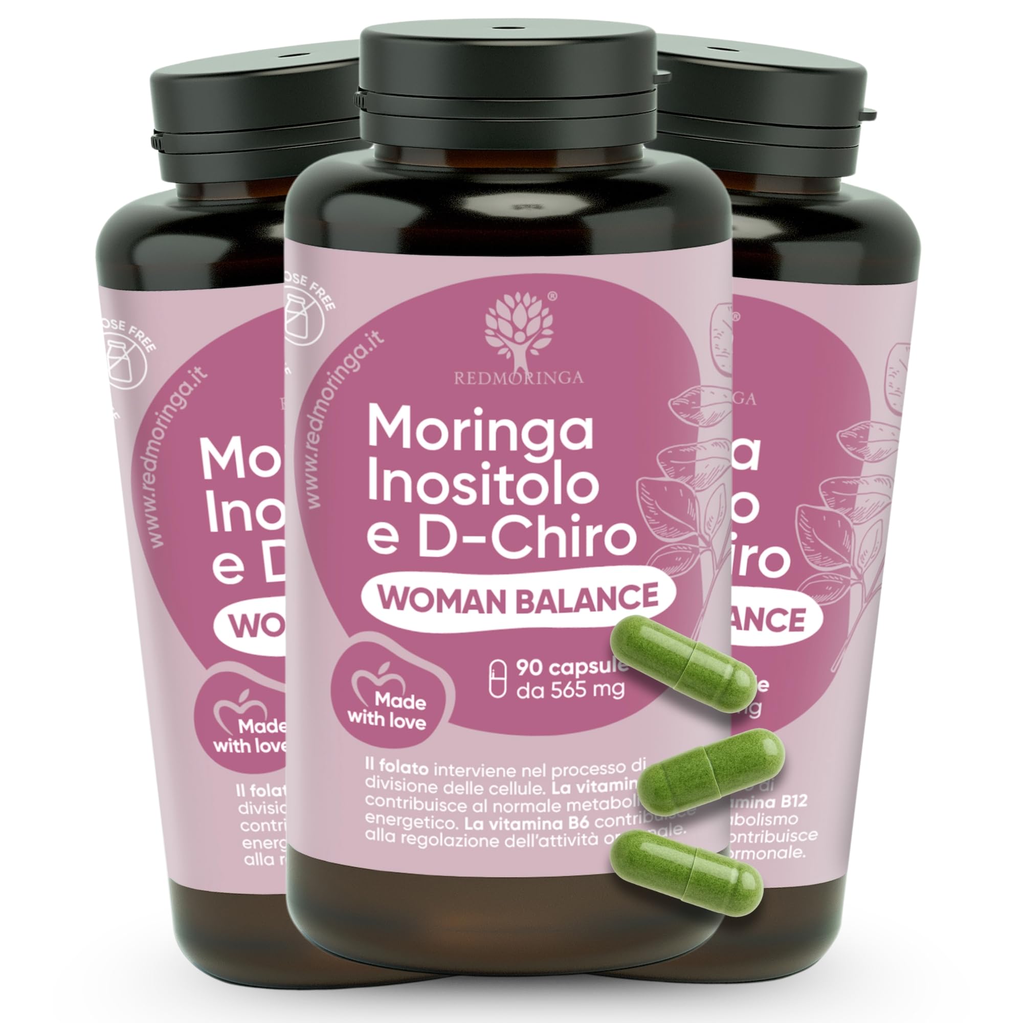 Myo-Inositol + D-Chiro Inositol | Vitaminas B12, B6, D, Ácido Fólico y Moringa Bio | Complemento Woman Balance PCOS (Síndrome de Ovario Poliquístico) | Regularidad Menstrual | 270 Cápsulas RedMoringa