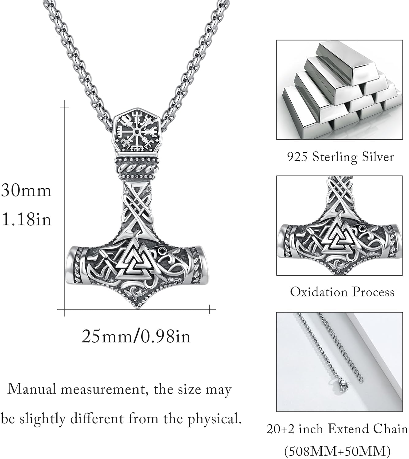 Viking Thor Hammer Necklace 925 Sterling Silver Norse Mjolnir Thor Hammer Pendant Amulet Necklaces Jewelry for Men Women With 316L Stainless Steel Chain and Gifts Box - Image 5