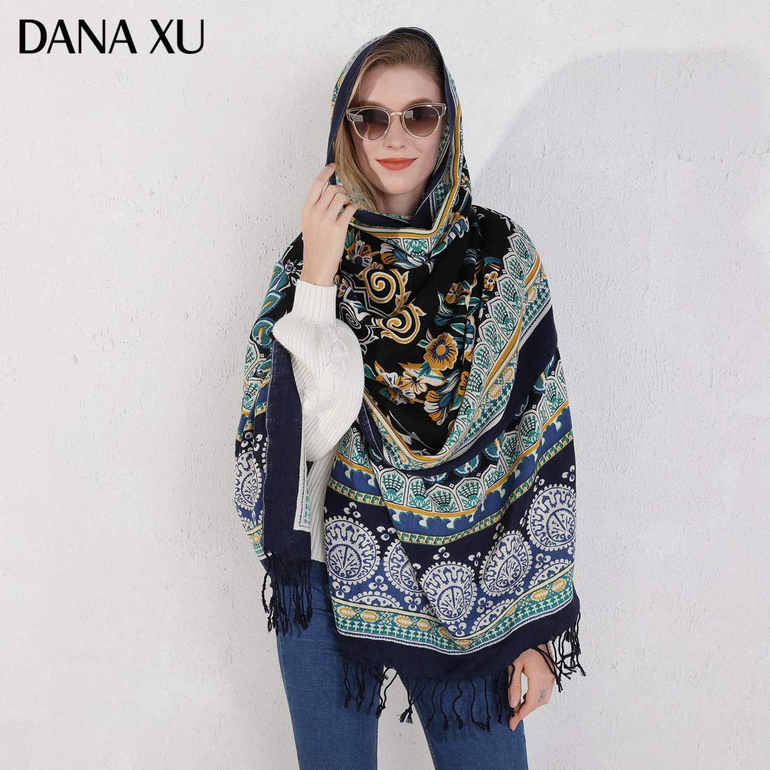 DANA XU 100% lana merino extra large pashmina scialle per le donne | 243,8 x 109,2 cm oversize in cashmere con nappe fatte a mano, mantello leggero da viaggio floreale per abito da sera