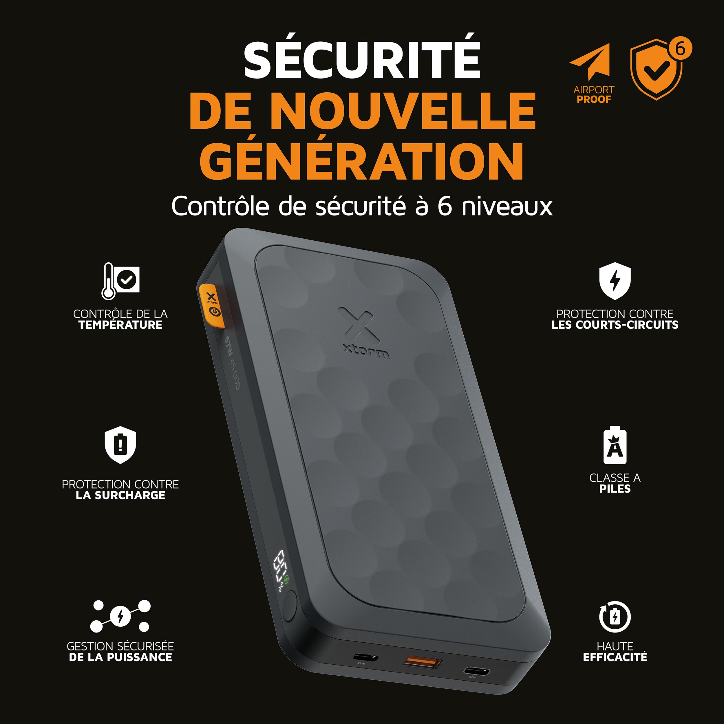 Xtorm 67W Série Fuel 5 Batterie Externe 45 000mAh, Affichage LED, 2 x USB-C / 1 x USB-A, Matériau 100% GRS, Fonctions de sécurité, Compatible avec Samsung et iPhone, Noir