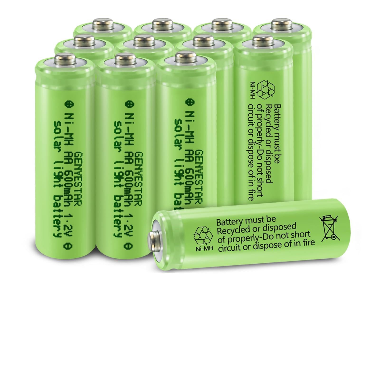 Rechargeable AA Batteries, NIMH AA Solar Light Batteries 600mAh 1.2V Double A Battery Repalcement for Solar Garden Lawn Landscaping Lights Remotes, 12 Pack