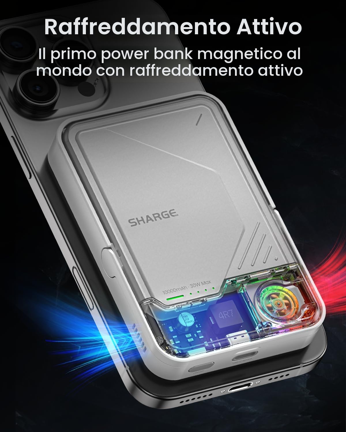SHARGE ICEMAG 2 Powerbank 10000mAh MagSafe, Qi2 15W Externe Batterie | Ladegerät mit Aktivkühlung, Externe Batterie mit Transparentem Klappständer, Tragbares Ladegerät für iPhone 16/15/14 Serie