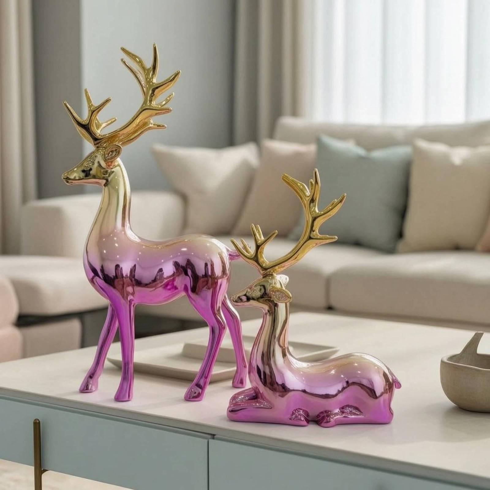 Figura de Ciervo Estatua Escultura Adorno Ornamento con Diseño Elegante y Brillo Espejo en Resina Combina con Interiores Modernos Adecuada para Mueble, Azul