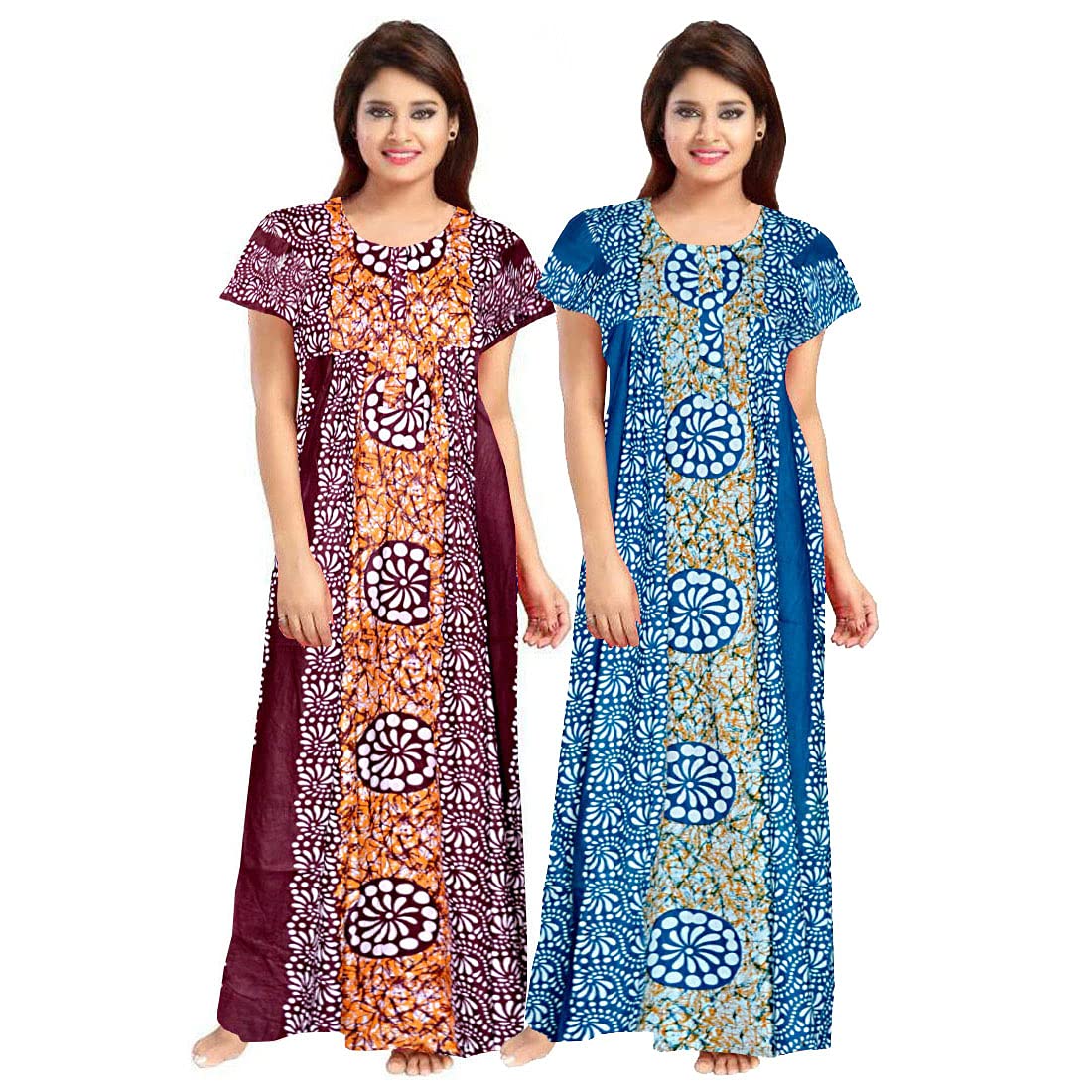 Trendy FabWomen's Cotton Block Print Maxi Nighty (ComboNT7385 XXL Maroon, Blue_Maroon, Blue_2XL)