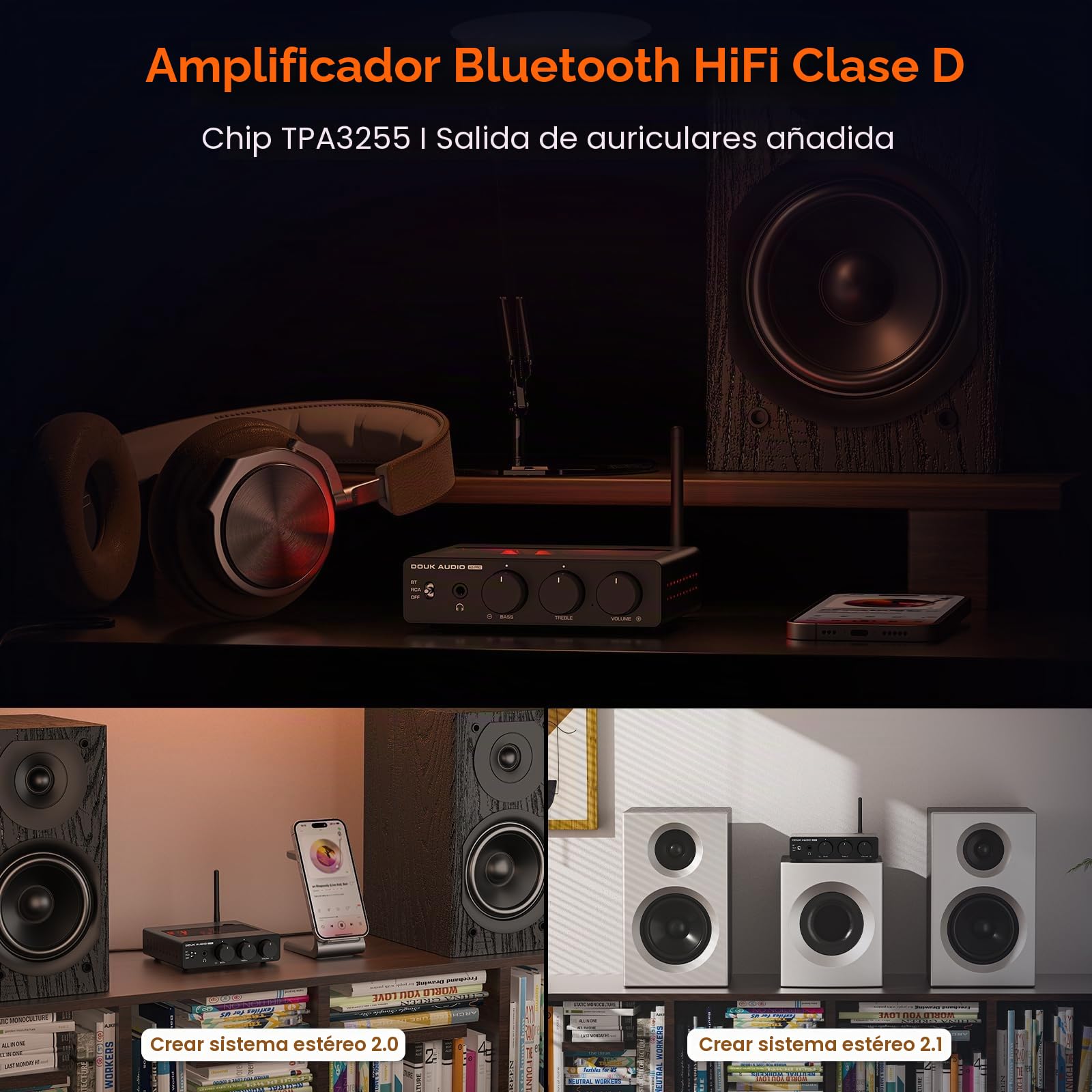 Amplificador Bluetooth DoukAudio A5PRO: Amplificador estéreo HiFi con TPA3255, 300 W × 2 de Potencia, Clase D PFFB, Salida de Auriculares para Cine en casa, Escritorio, Altavoz de estantería (48 V5A)