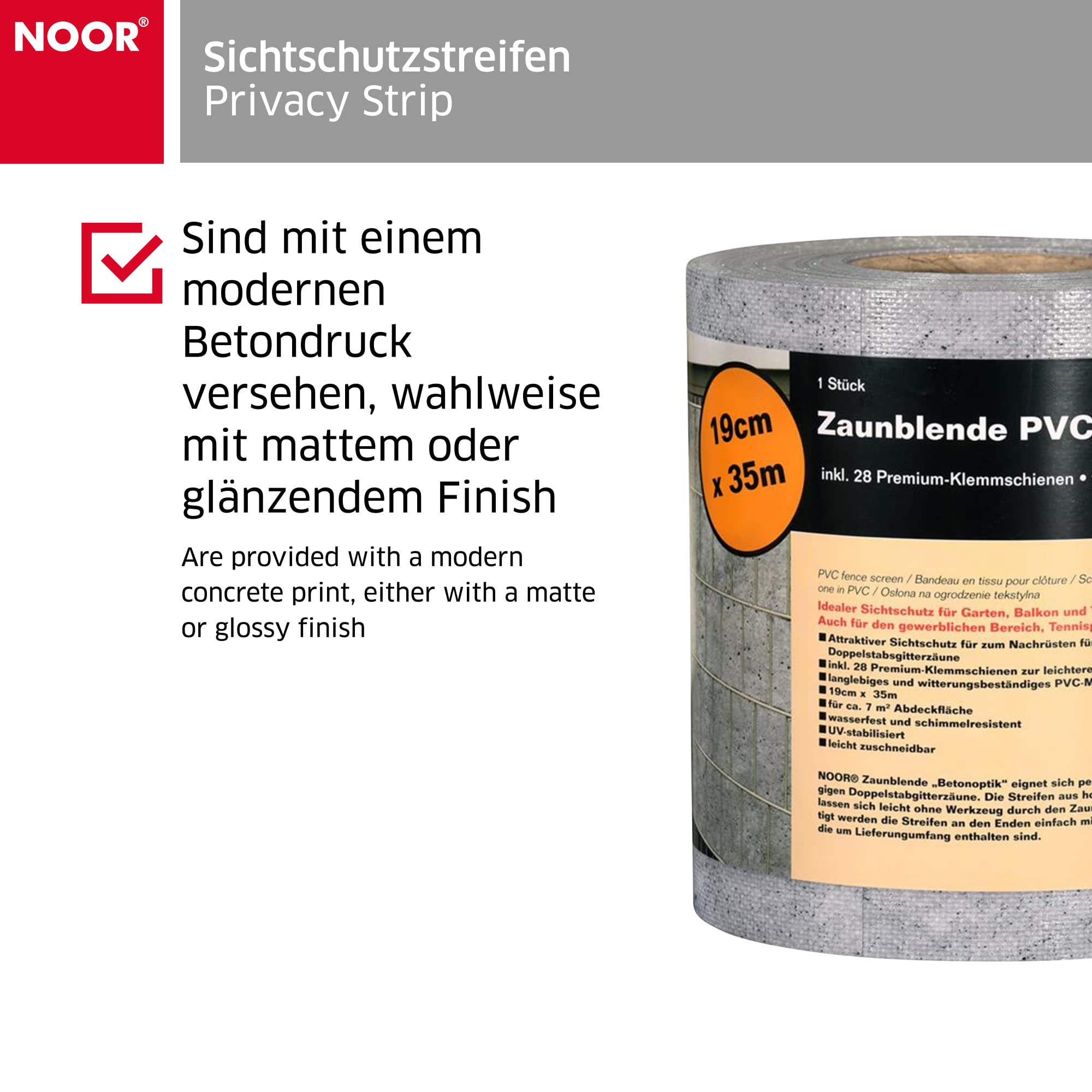 NOOR Sichtschutzstreifen PVC BLICKDICHT - Zaunblende Beton 0,19 x 35 m | blickdichter Wind- & Sichtschutz für Doppelstabmattenzaun 630 g/m² - wetterfest, UV-beständig, inklusive 28 Klemmschienen