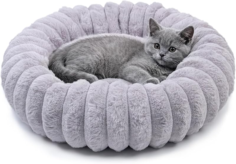 Cama Redonda para Gatos e Cães Pequenos com Pelúcia Macia, Base Antiderrapante, Cinza-claro, 40,64 cm