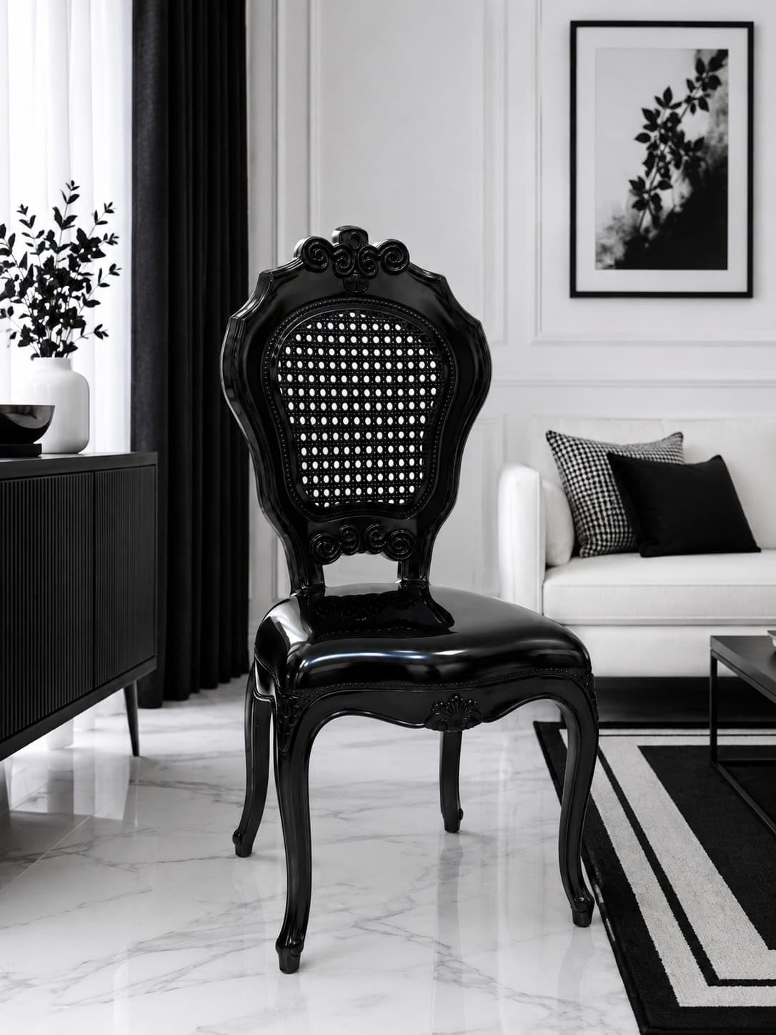Luxury Black Dining Chair Set of 6 | Solid Wood Frame with Handwoven Cane Back | High Gloss Finish | Classic French Vintage Dining Chair, 6-image-49
