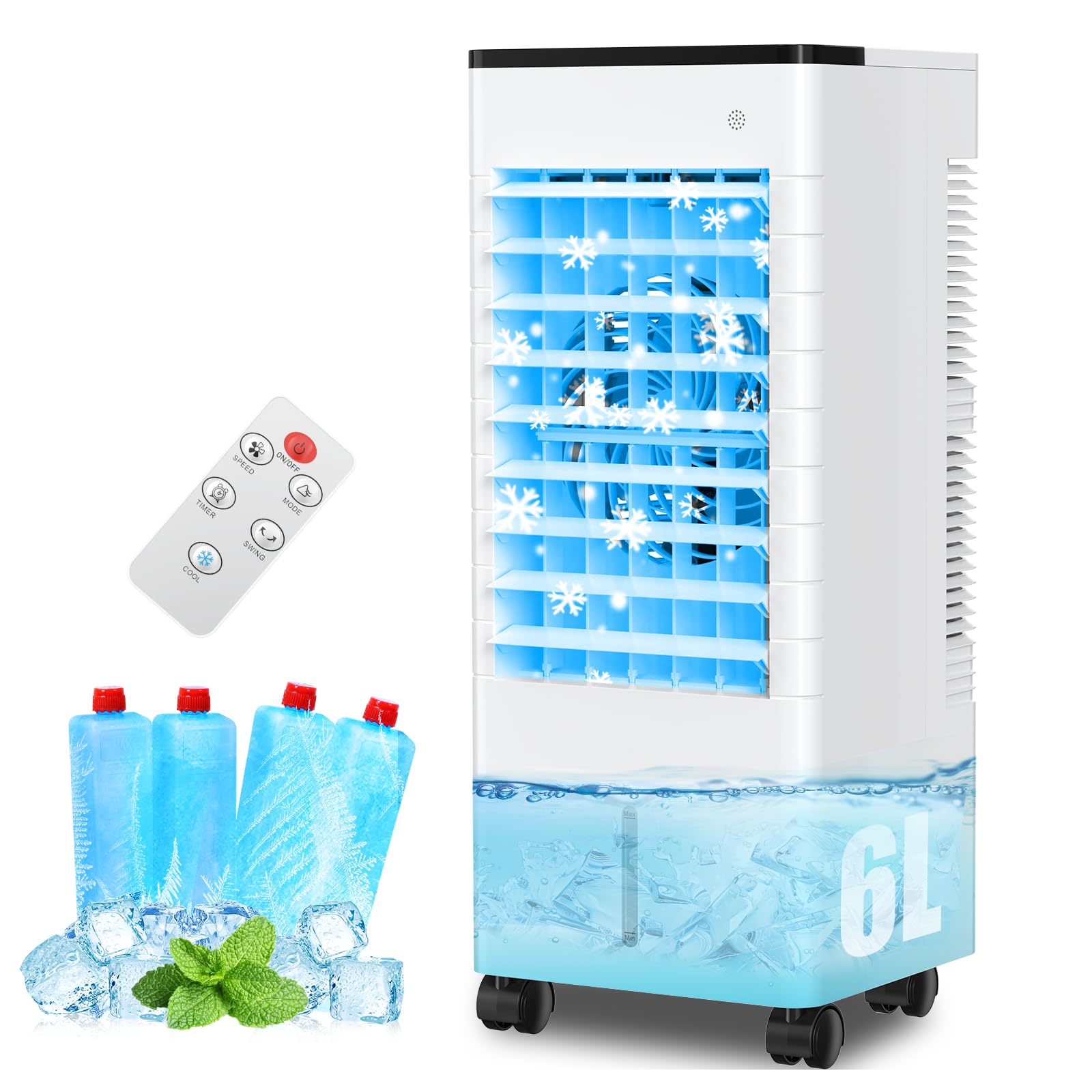 Condizionatore Portatile Senza Tubo, Silenzioso Raffreddatore d'aria Grande Serbatoio da 5.5 L, 4 in 1 Multifunzione Evaporativo Mobile, Timer da 7 ore,3 Velocità,con Telecomando,Senza Unità Esterna