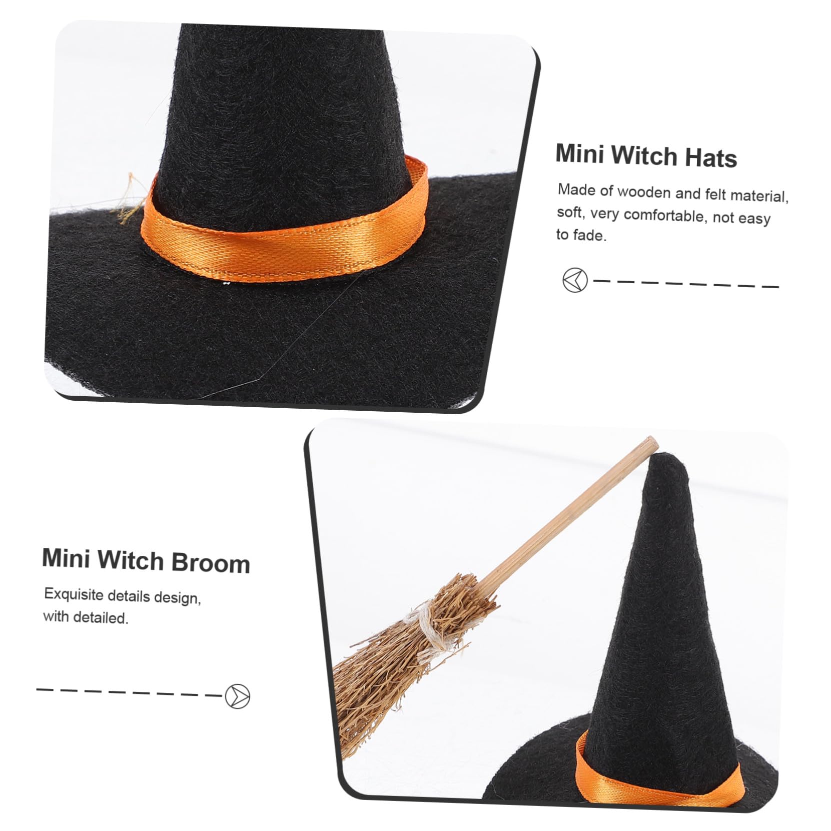 GARVALON Set da 12 Pezzi Mini Cappelli da Strega in Feltro e Piccole Scope in Legno per Decorazioni Halloween Fai da Te Accessori per Lavoretti Creativi e Feste a Tema