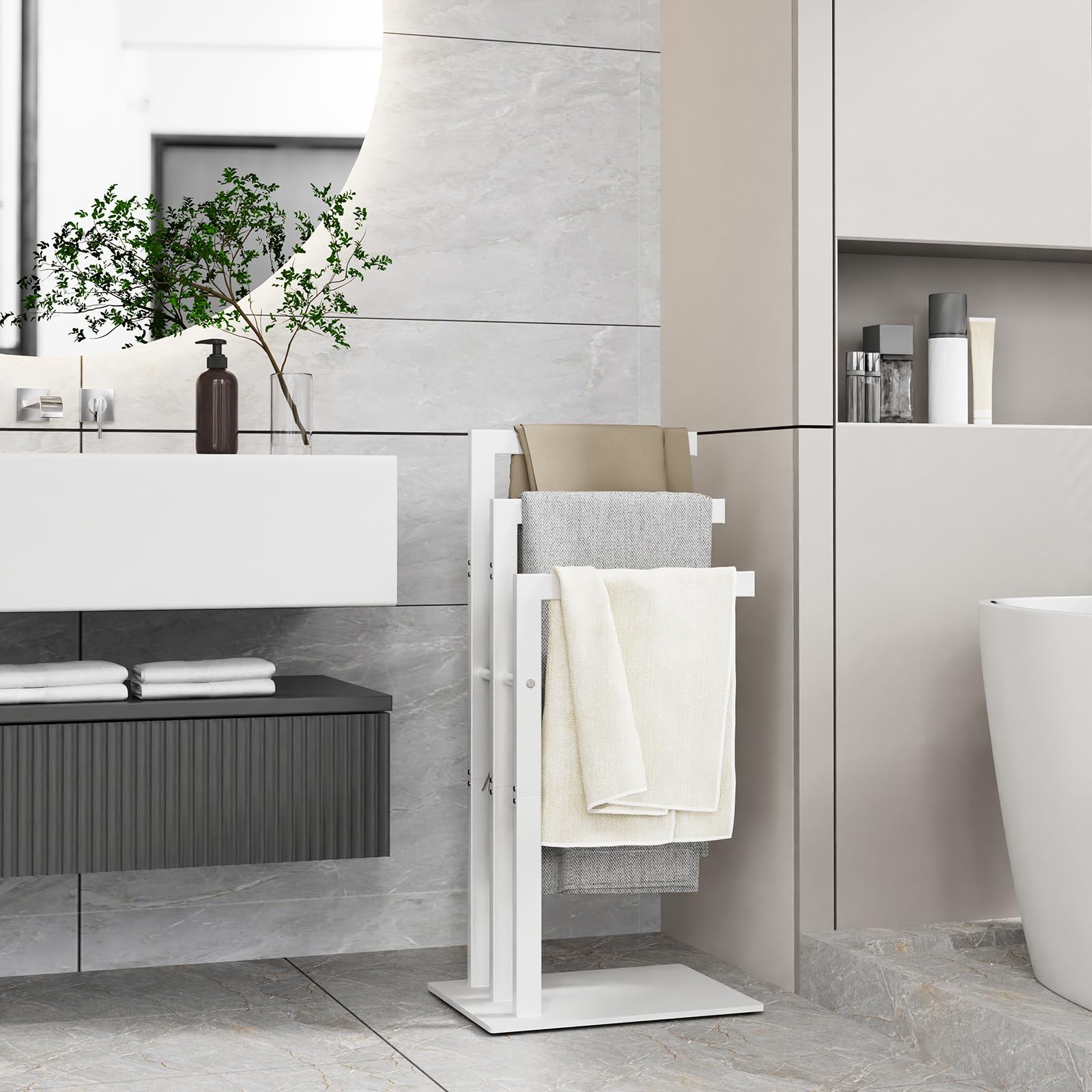 OUTBROS Porte Serviette sur Pied, Porte Serviettes Debout en Métal avec 3 Barres, Utilisé pour Les Salles de Bains, Les Chambres, Facile à Installer, Stable,40x30x80cm,Blanc