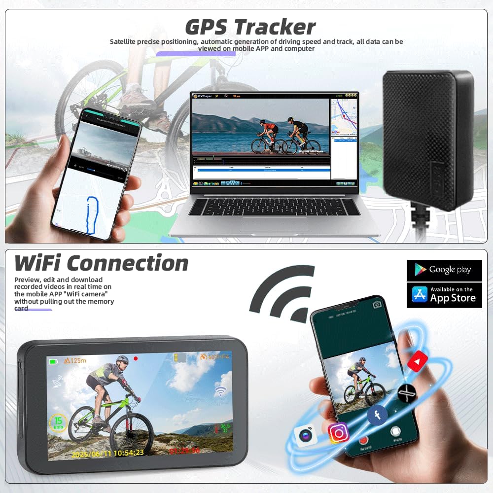 Telecamera Posteriore per Bicicletta VSYSTO, WiFi GPS da 4,5 Pollici 1080P con Visione Notturna a Infrarossi, con Modalità di Guida, Display di Chilometraggio e Calorie, Promemoria di Spegnimento
