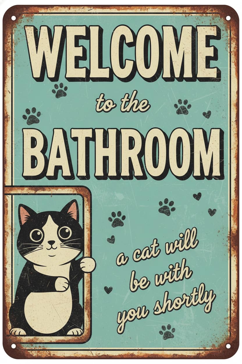 Welcome To Bathroom Cat Tin Sign, 8x12 Inch Restroom