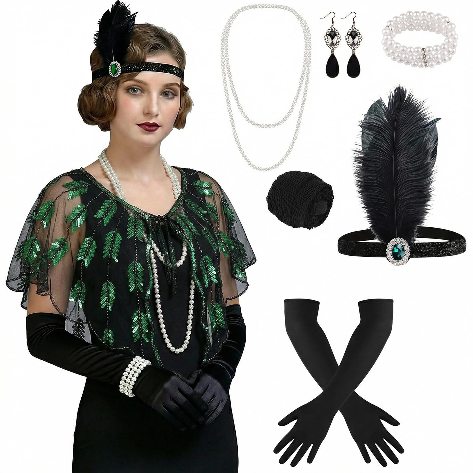 ELECLAND 10 Pieces 1920s Flapper Gatsby Accessories Set Fashion Roaring 20's Theme Set with Headband Headpiece for Women (Black Green, Style 3) — image 1