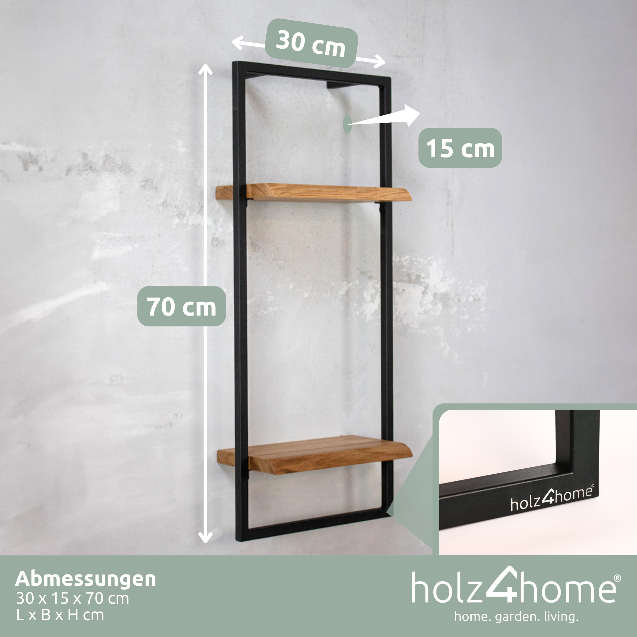 holz4home® 4-teiliges Wandregal Set I Eichenholz Schwarz gerahmt I Mit Baumkante, Natur geölt I Inkl. Befestigungen aus Stahl für Schweberegal Industrial Flair