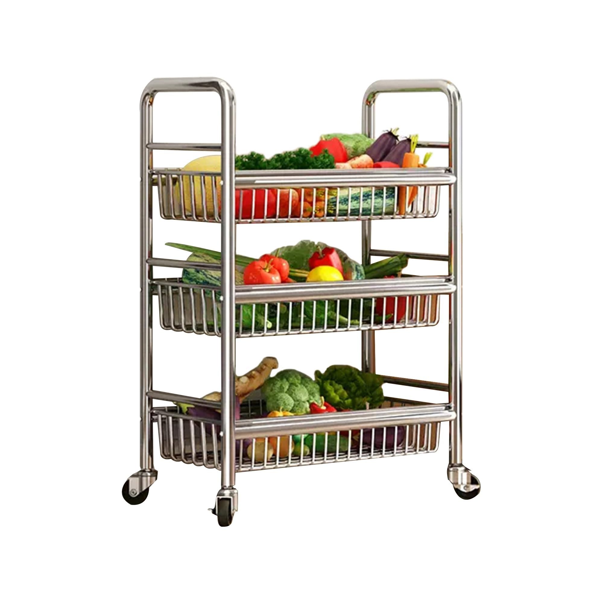 Stainless Steel 304 Kitchen Cart with Wheels Multi-Functional Rolling Utility Trolley Mesh Basket &amp; Pantry Shelf for Fruits Vegetables Onions &amp; Potatoes Storage,A-58 * 37.5 * 81cm