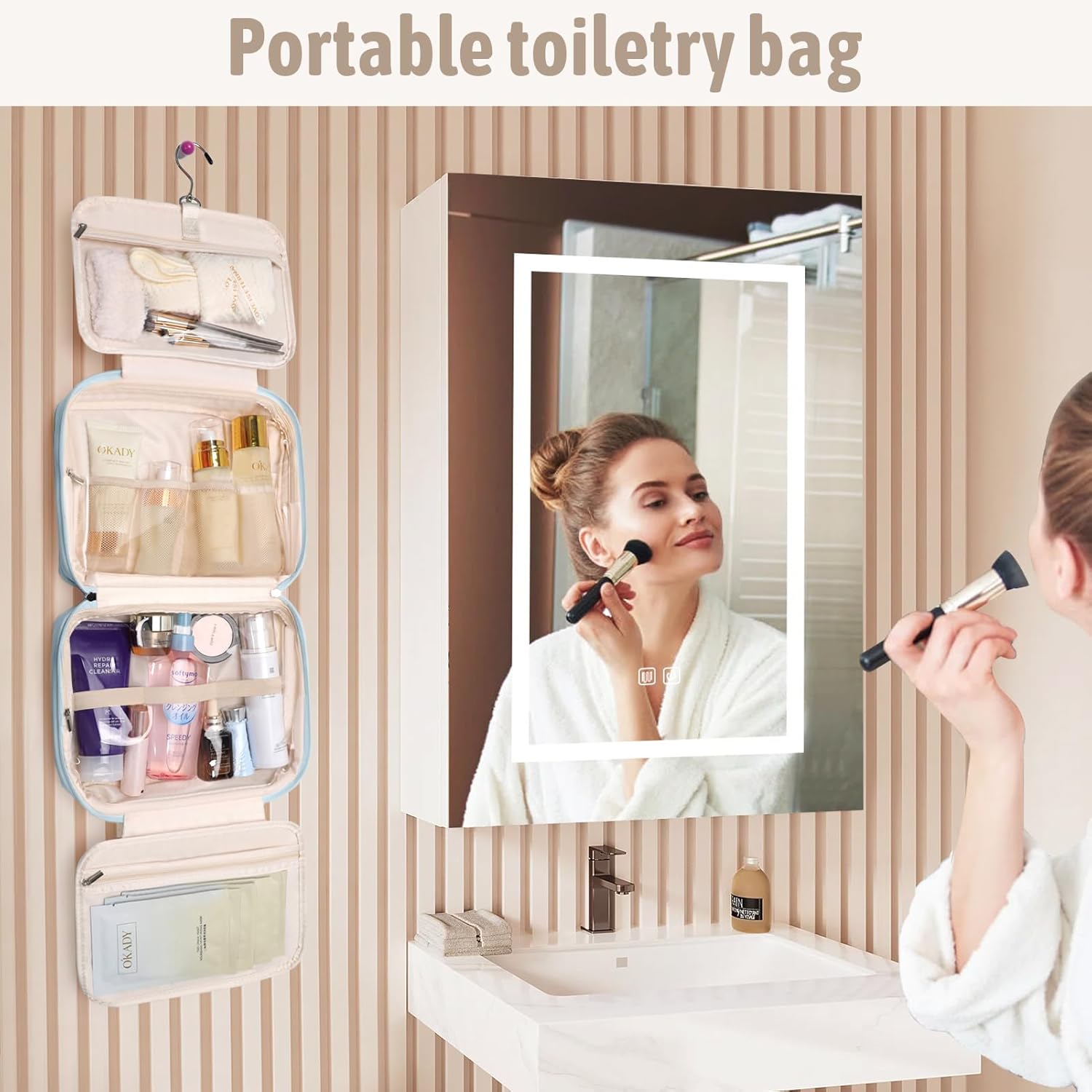 YOPCDJ Hanging Toiletry Bag with Jewelry Organizer,Travel Bag for Toiletries,PU Leather Cosmetic Bags for Women Make Up Organizer with 4 Compartments Waterproof Portable Travel Essentials