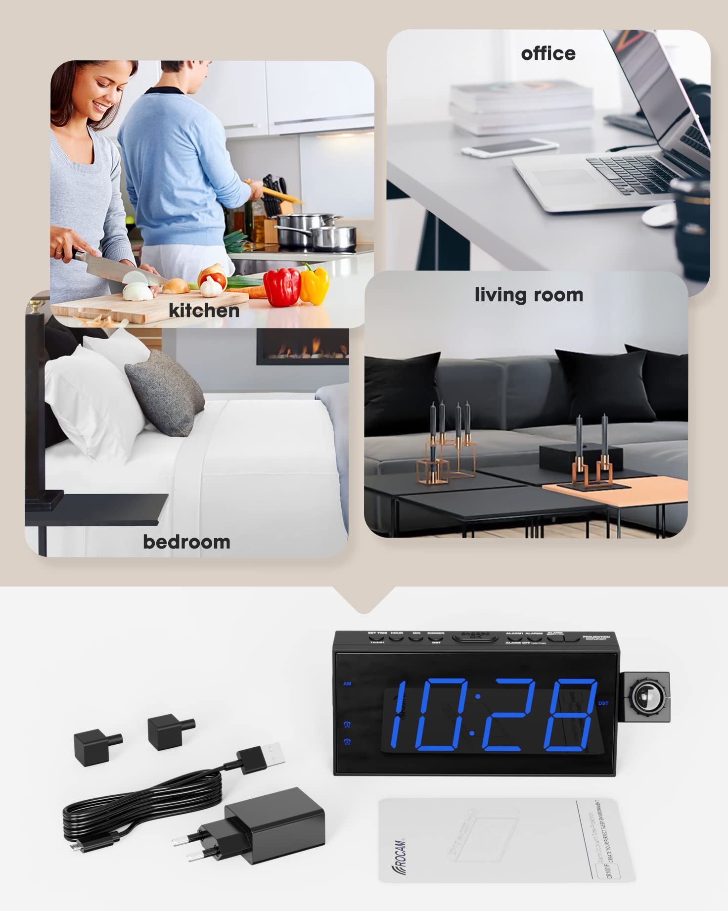 ROCAM Sveglia con Proiettore da Comodino, 7" Display LED &Dimmer, Porta USB, 12/24 Ore, Batteria Backup, Sveglia Digitale per Camera da Letto | Orologi a Proiezione
