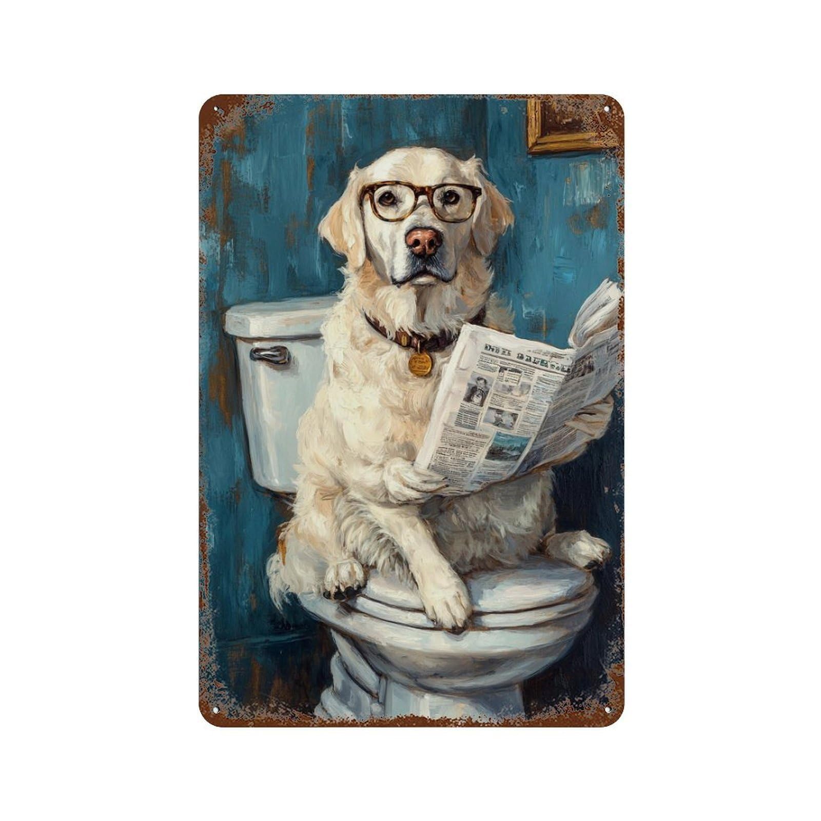 Dog Reading Newspaper on Toilet-69 Aged Metal Wall Plaque 11.8"x7.9", Classic Wall Plaque for Garage, Pub Or Kitchen